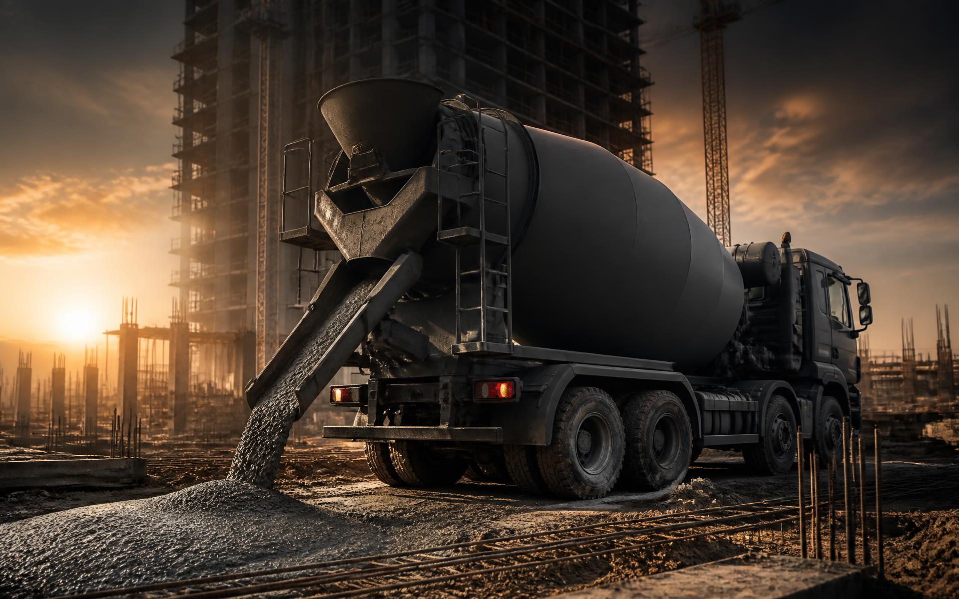 MRK RMC transit mixer placing ready mix concrete at a high-rise construction site