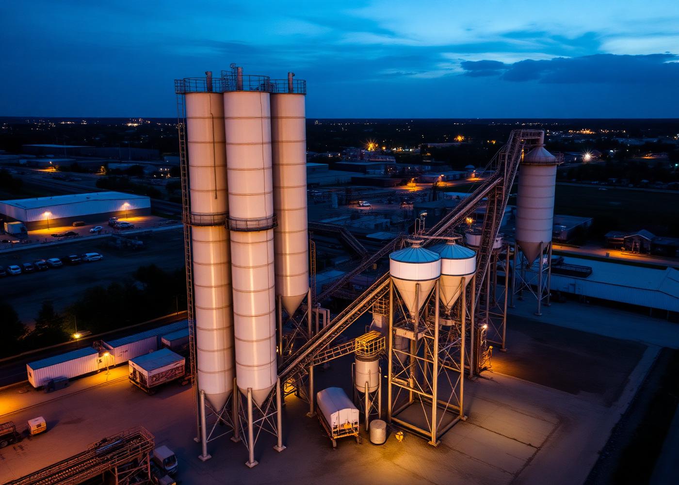 MRK RMC ready mix concrete batching plant with cement silos at dusk